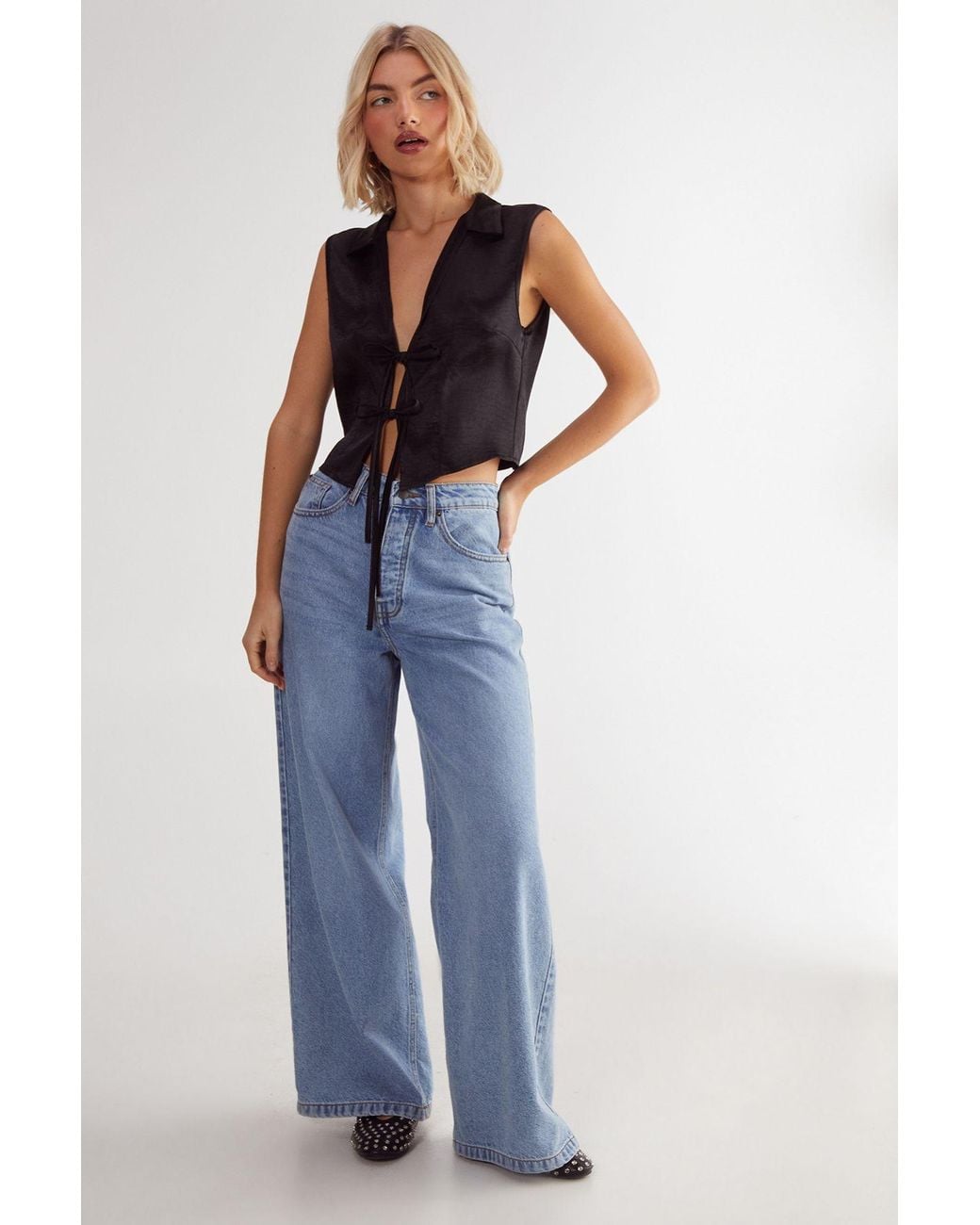 Nasty Gal Blue Textured Satin Tie Front Collared Top