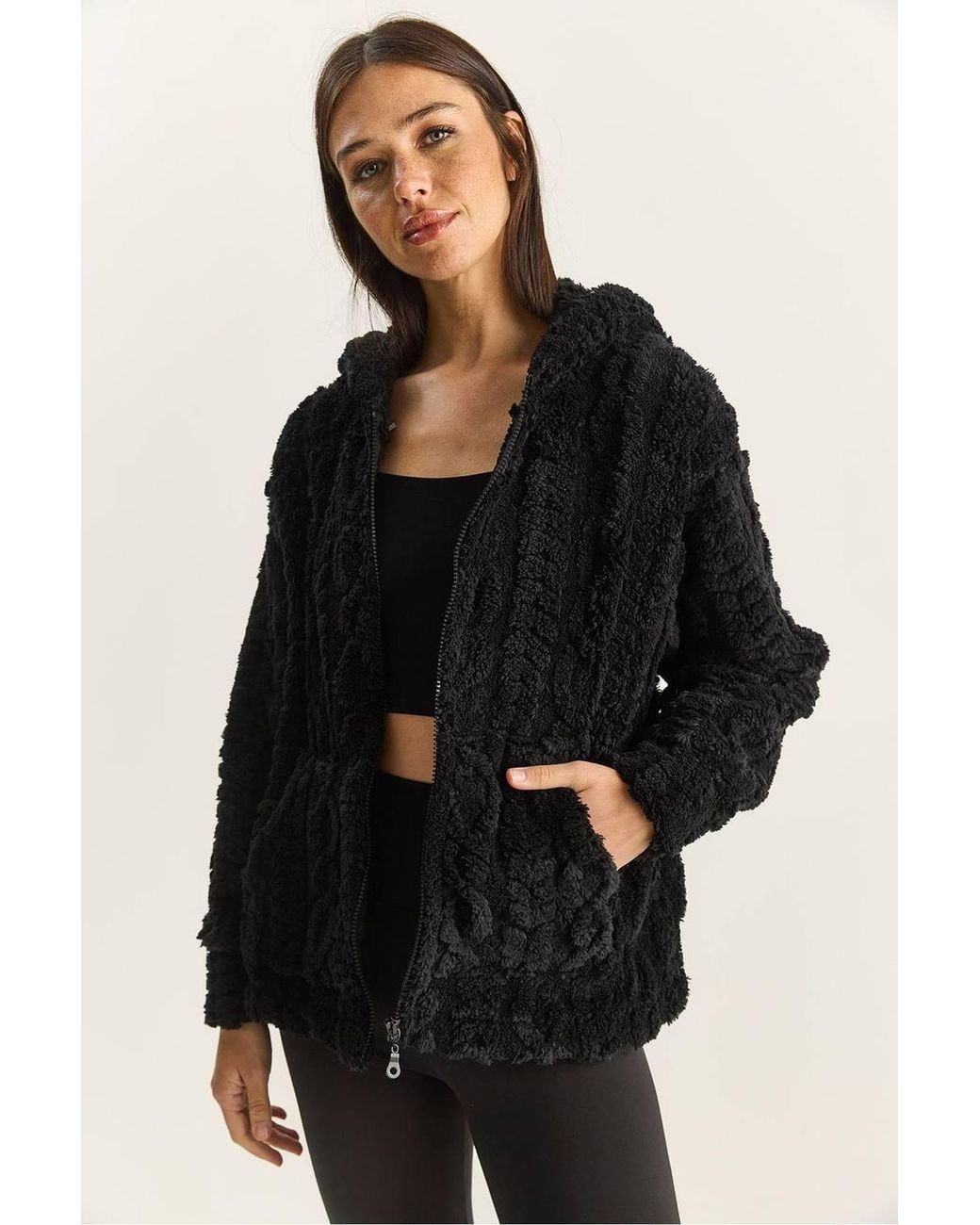 Bianco Lucci Black Hooded Textured Knitted Cardigan With Zipper