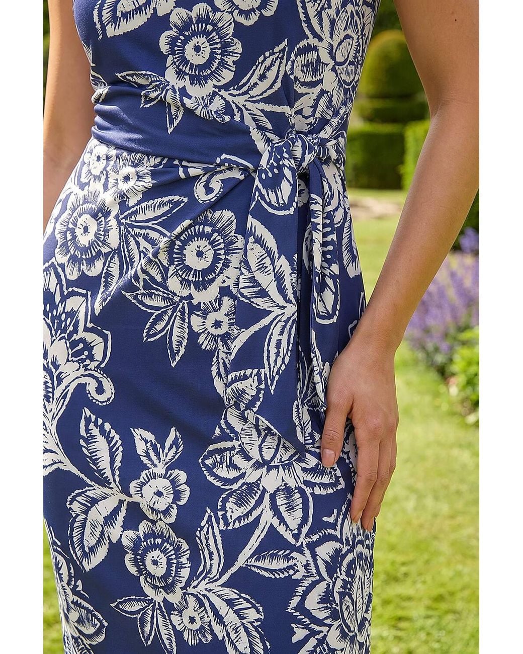 Roman Blue Petite Floral Side Tie Midi Dress