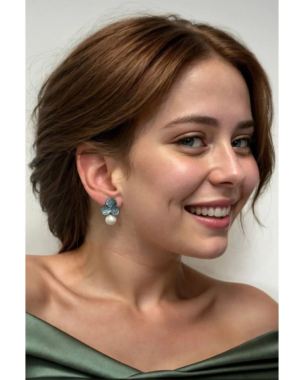 Latelita London Green Iris Flower & Pearl Dangle Earrings Aqua