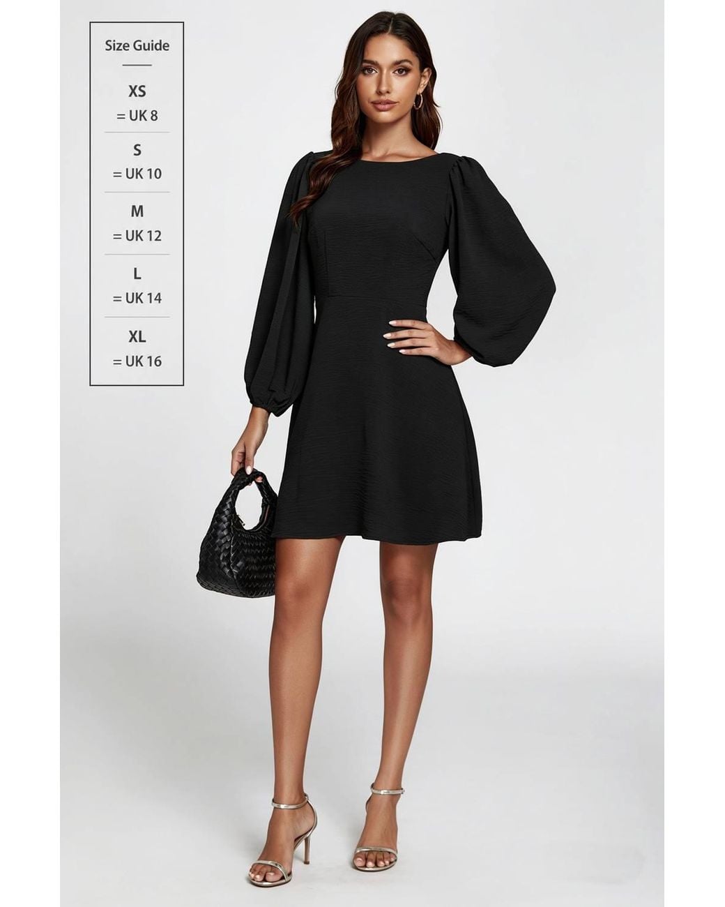 FS Collection Black Long Sleeve Back V Neck Skater Mini Dress