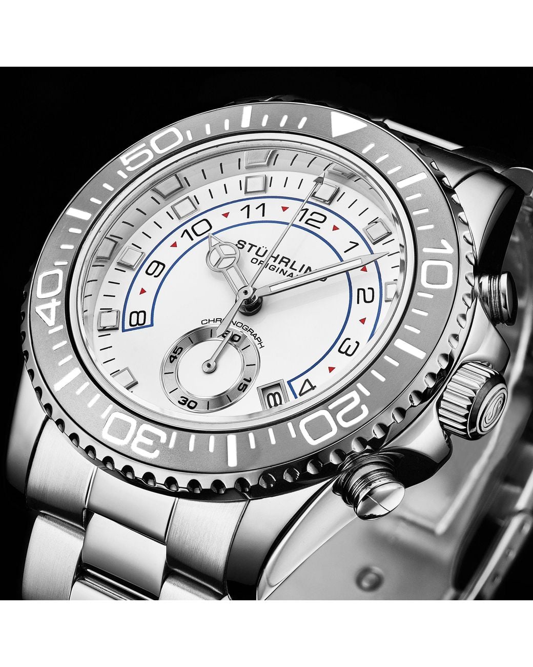 Stuhrling Metallic Brigadier Quartz Chronograph 42Mm Diver Watch With Stainless Steel Link Bracelet for men