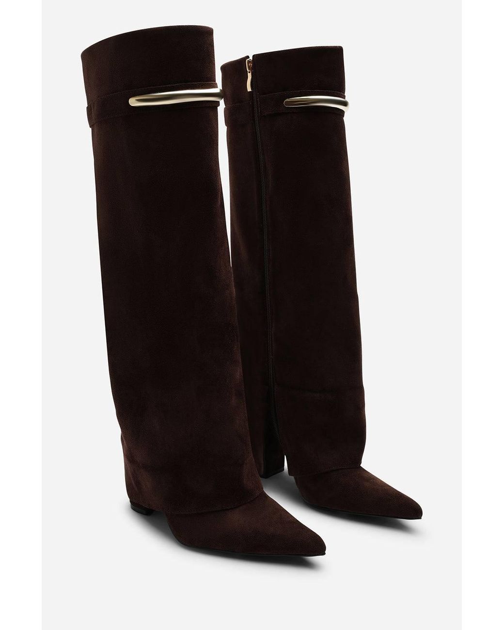 Where's That From Brown Nareva Fold Over Shark Block Heel Point Toe Boots With Trim Detail