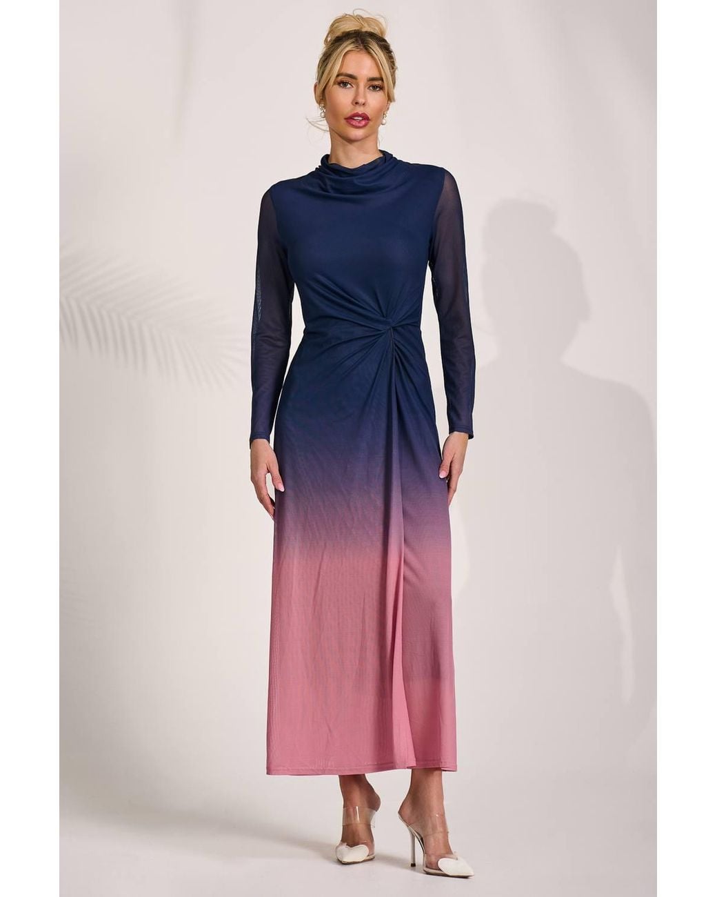 Jolie Moi Pink Petite Long Sleeve Mesh Maxi Dress