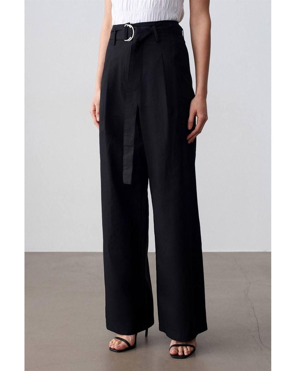 Dilvin Black Belted Wide-Leg Linen Blend Trousers