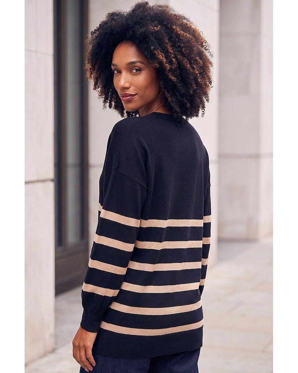 Roman Blue Stripe V-Neck Boyfriend Knit Jumper
