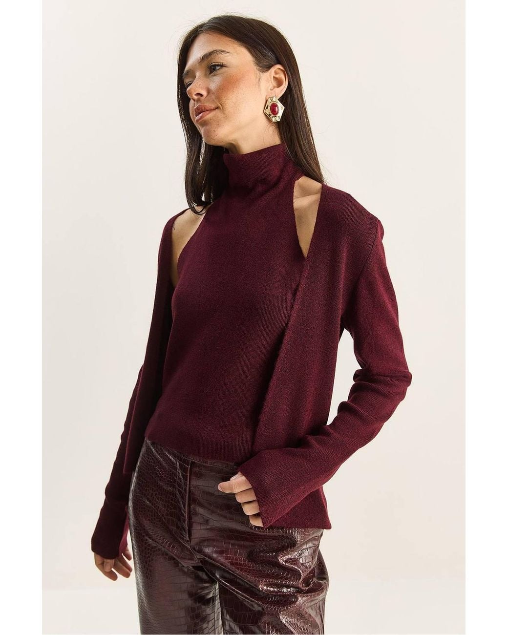 Bianco Lucci Red Half Turtleneck Cut Out Ribbed Blouse