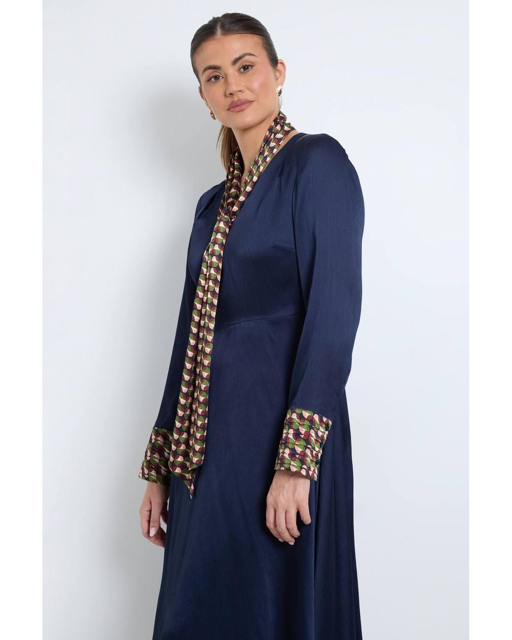 Wallis Blue Geo Satin Tie Neck Midi Dress