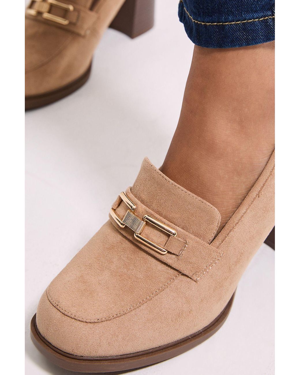 Dorothy Perkins Blue Wide Fit Benita Faux Suede Snaffle Detail High Block Heeled Loafers