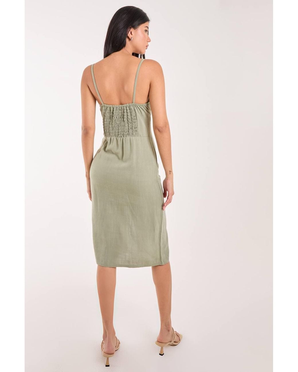 Pink Vanilla Green Ruched Linen Style Midi Dress