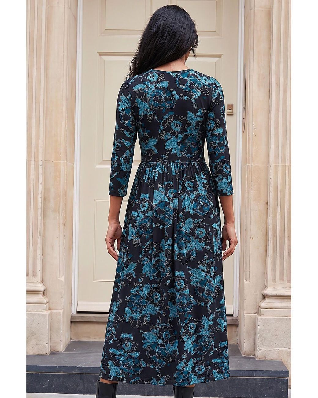 Roman Blue Floral Print Gathered Stretch Midi Dress