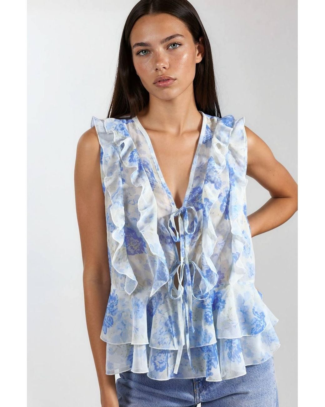 Hiccup Blue Floral V-Neck Chiffon Blouse With Tie Closure