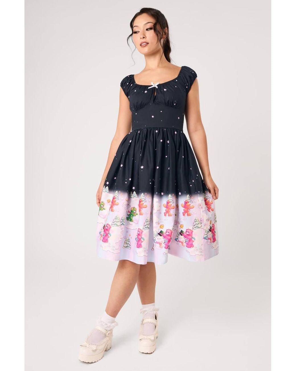 Hell Bunny Blue Winter Fun Care Bears Printed Cotton 50S Midi Dress