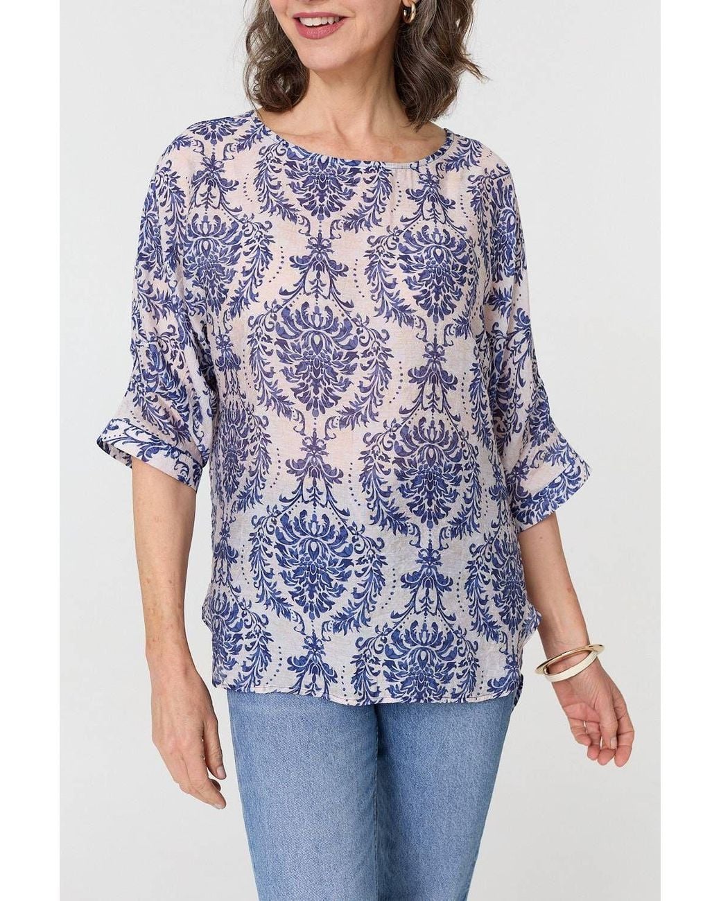 Izabel London Blue Baroque Print 3/4 Sleeve Relaxed Blouse