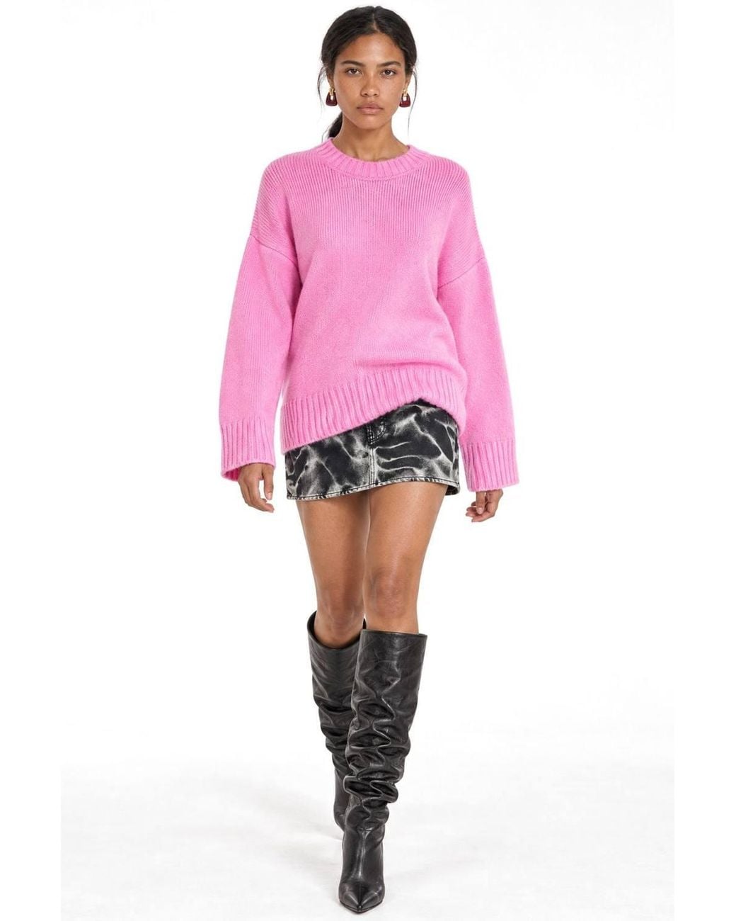 MixRay Pink Oversized Ribbed Knit Sweater With Crew Neck
