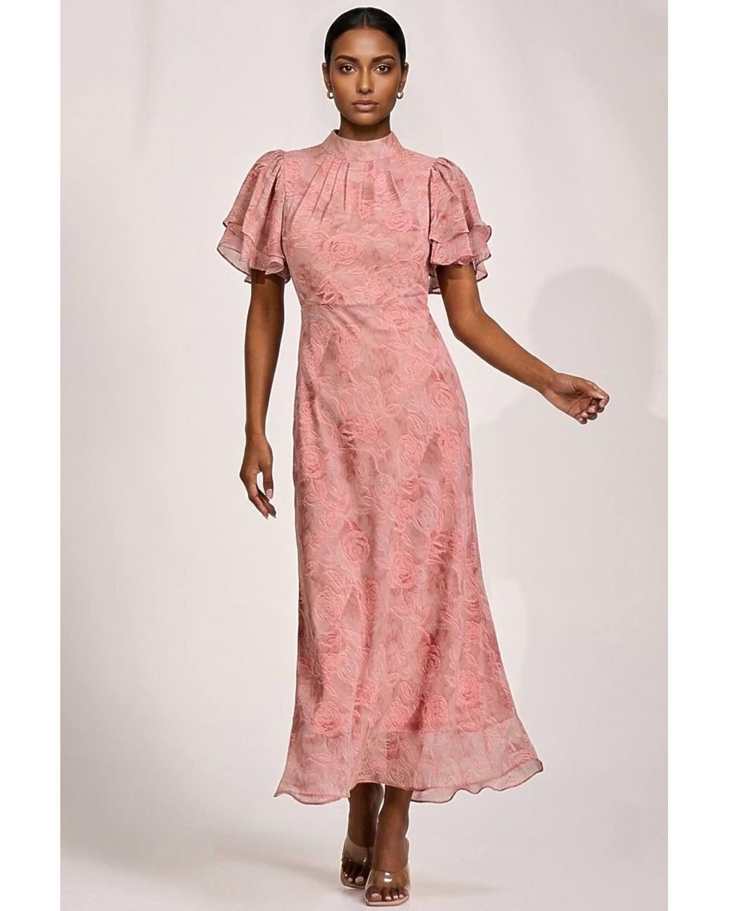 Jolie Moi Pink High Neck Angel Sleeve Chiffon Maxi Dress