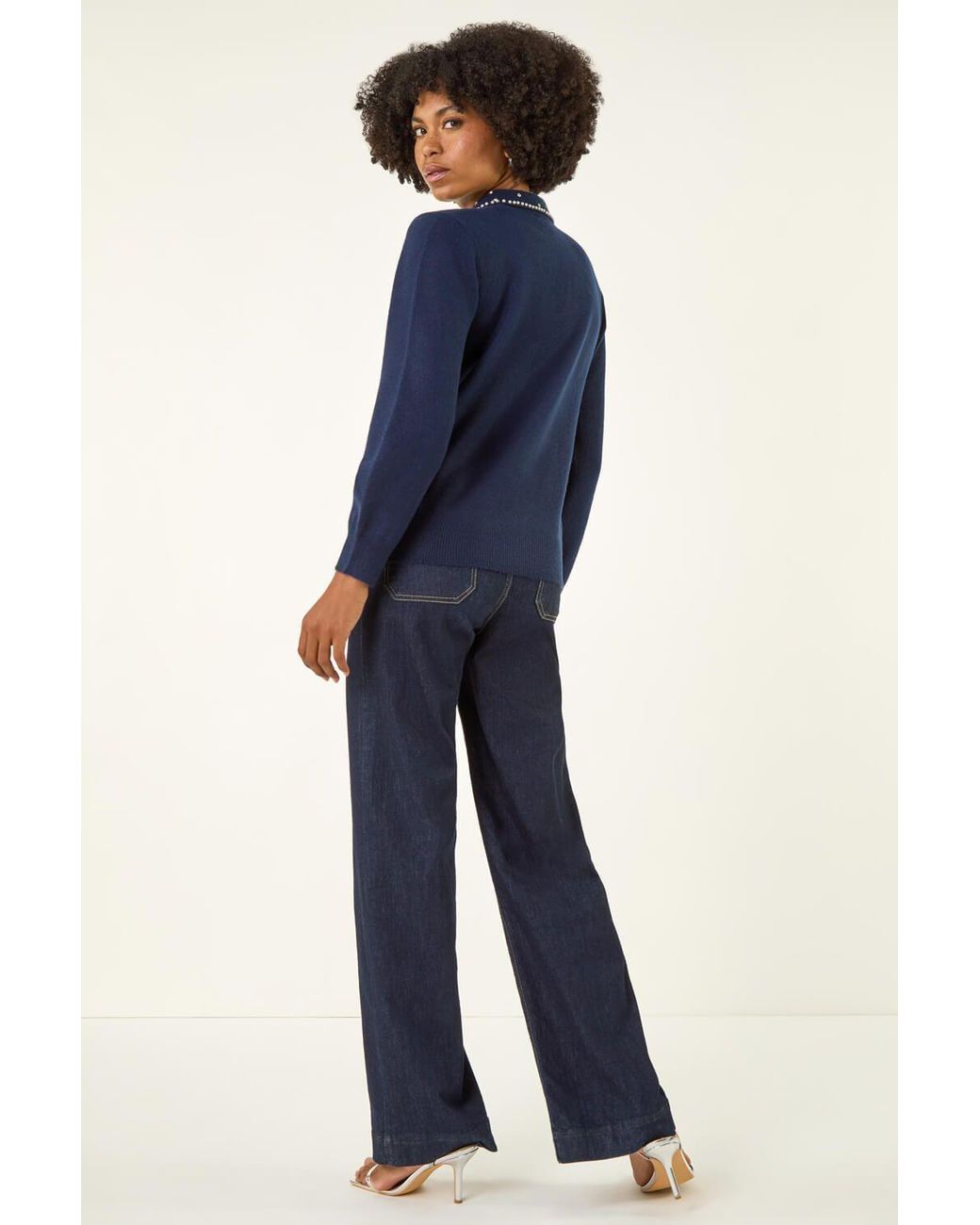 Roman Blue Faux Pearl Collared Keyhole Knit Jumper