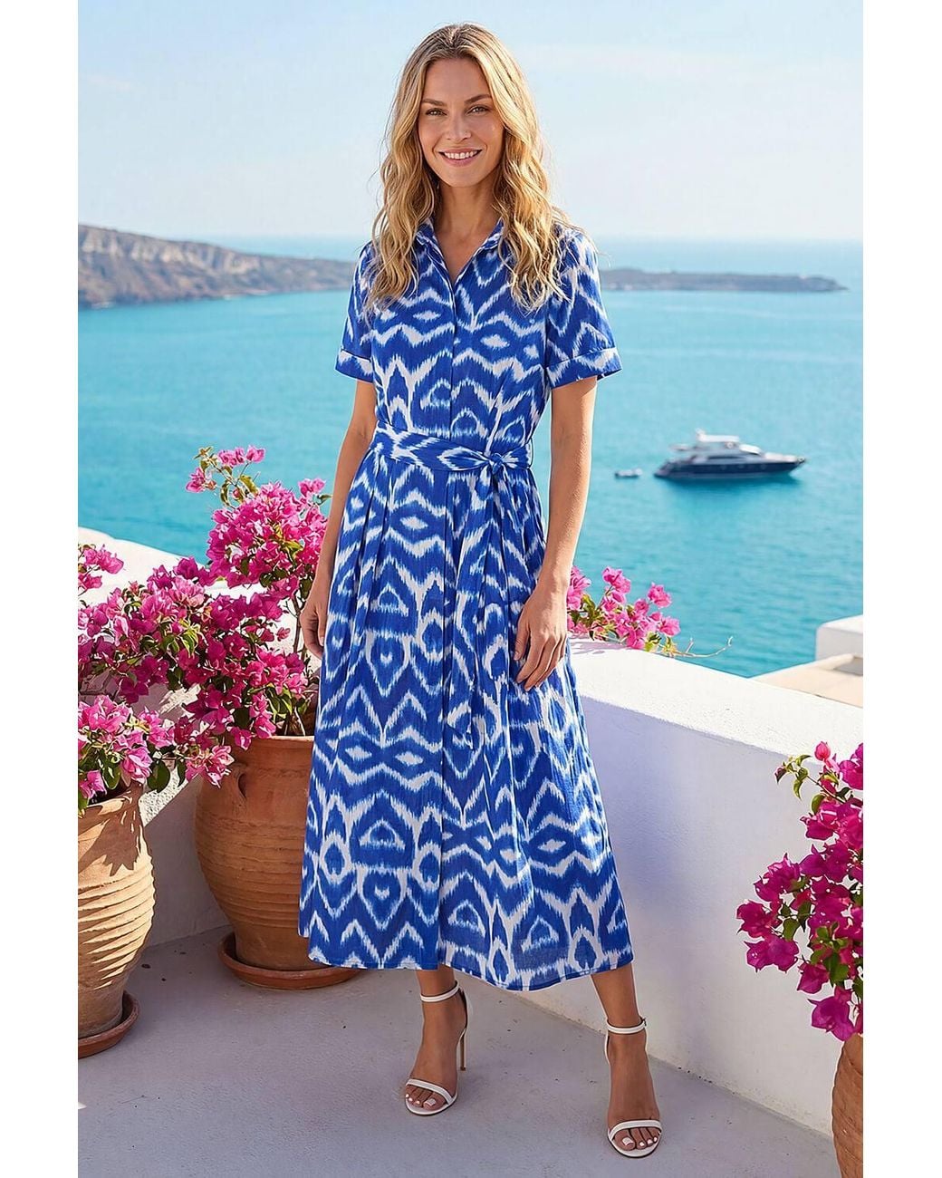 Roman Blue Petite Stripe Tie Waist Shirt Dress
