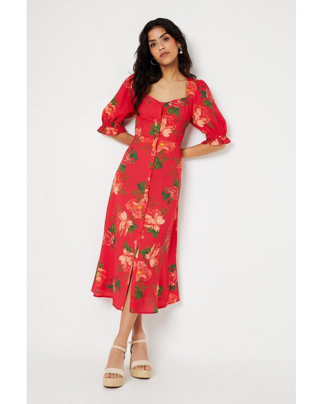Dorothy Perkins Red Petite Button Through Midi Dress
