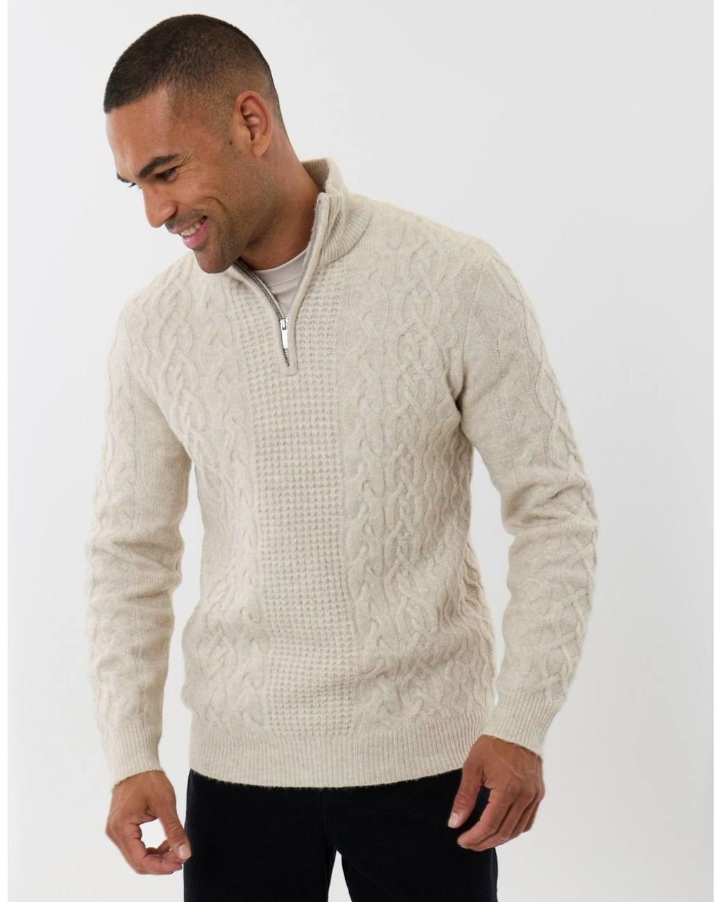 Threadbare Green Cable Knit Quarter Zip Jumper for men