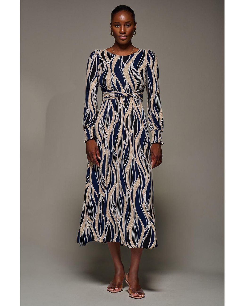 Jolie Moi Gray Jersey Belted Long Sleeve Maxi Dress