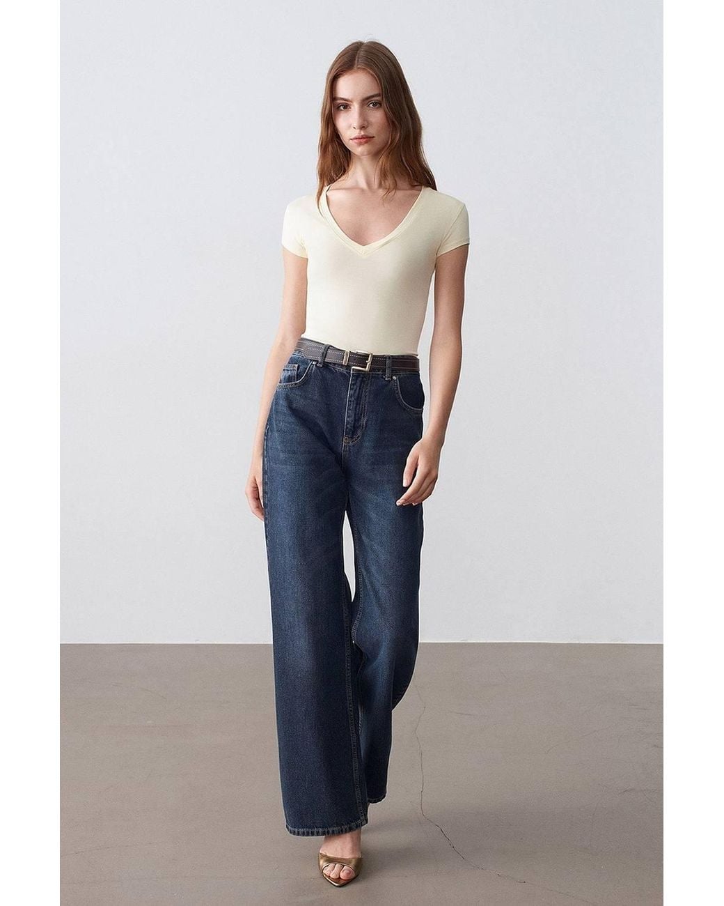 Dilvin Brown Slim Fit V-Neck Jersey Blouse