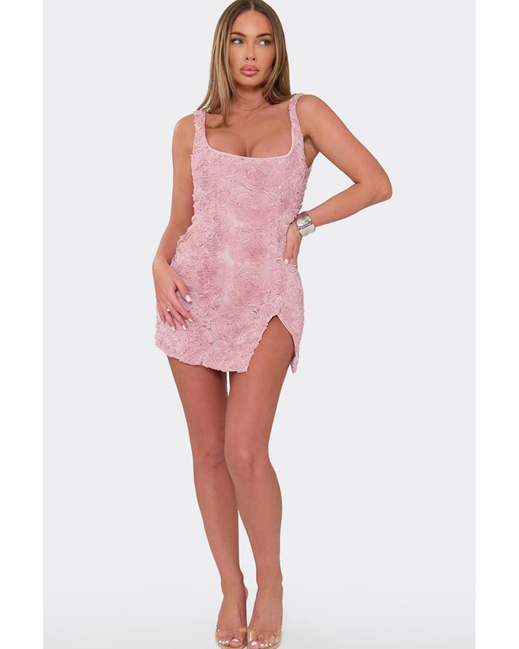 EGO Pink Strappy Split Leg Floral Textured Mini Dress