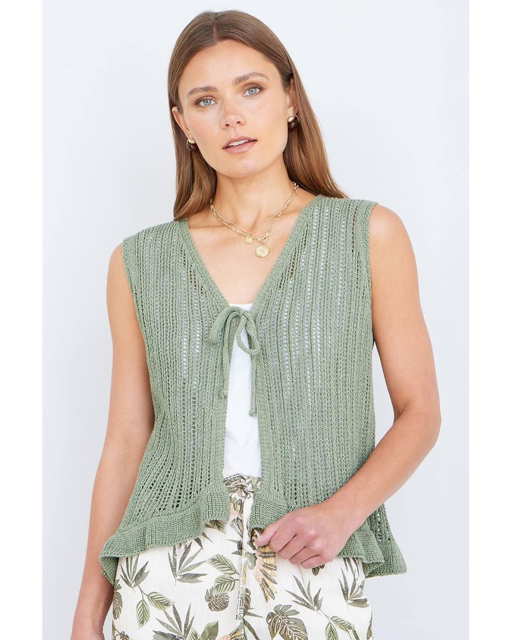 Yumi' White Knitted Cotton Tie Waistcoat Top