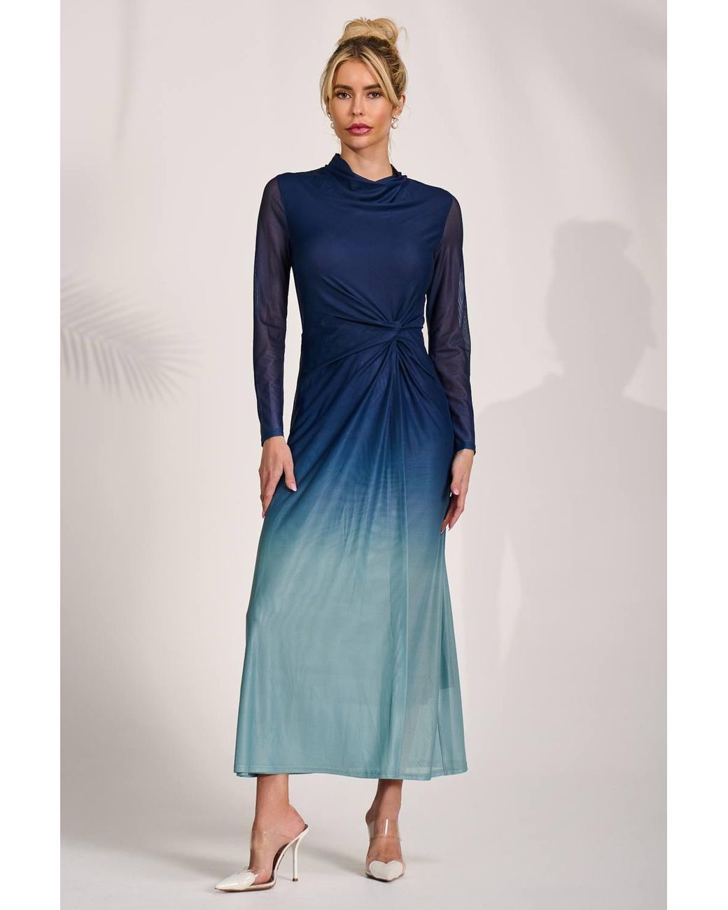 Jolie Moi Blue Petite Long Sleeve Mesh Maxi Dress