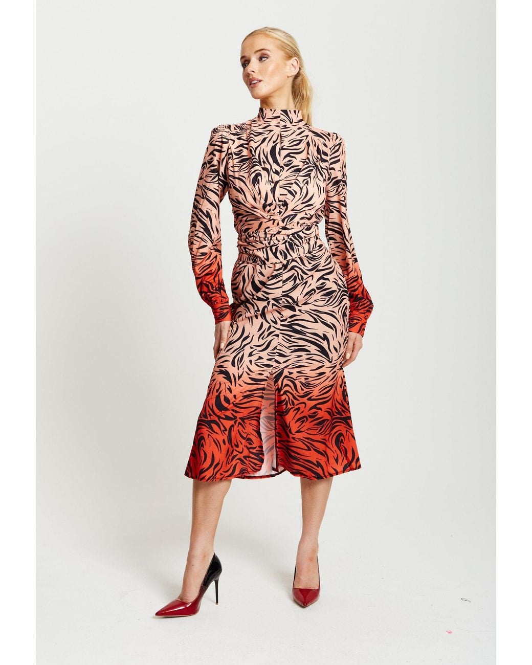 Liquorish Red Zebra Print Midi Dress With High Neck & Draped Waist Detail
