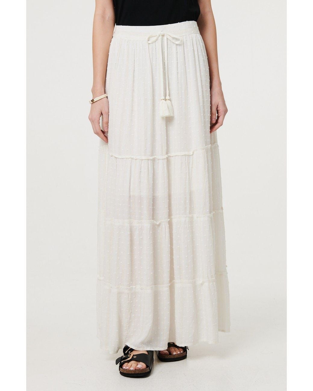 Izabel London White Textured High Waist Tiered Maxi Skirt
