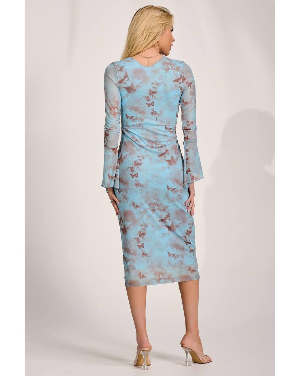 Jolie Moi Blue Long Sleeve Mesh Bodycon Dress