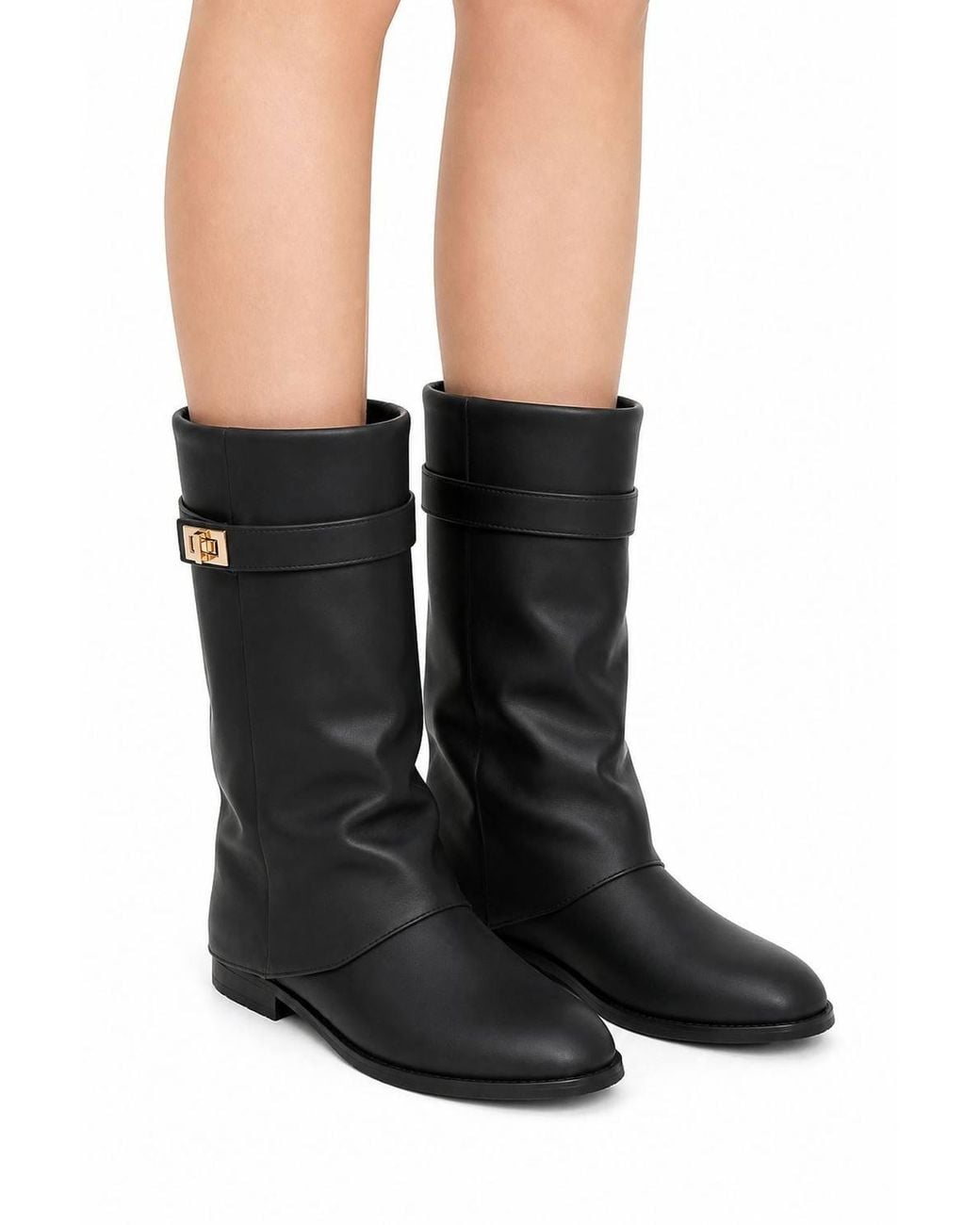 Miss Diva Black Isley Round Toe Trim Buckle Fold Over Knee High Pu Boots
