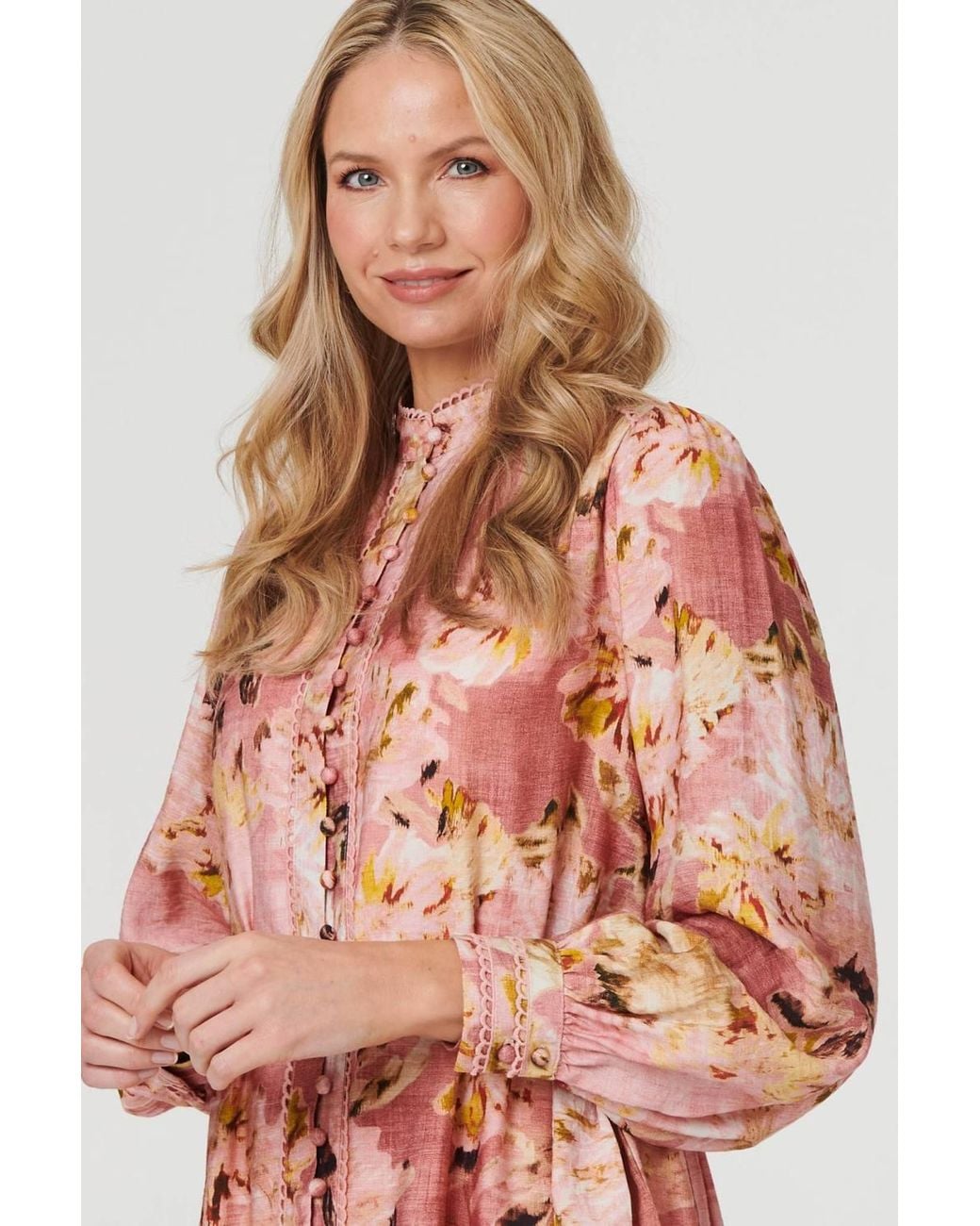 Izabel London Pink Floral Long Sleeve Short Shirt Dress