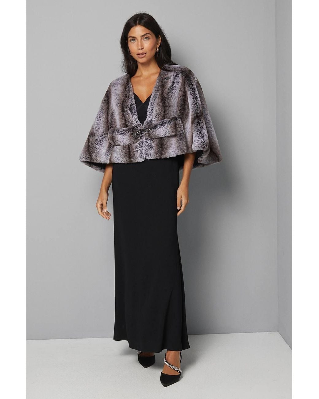 Wallis Gray Cropped Embellished Faux Fur Cape