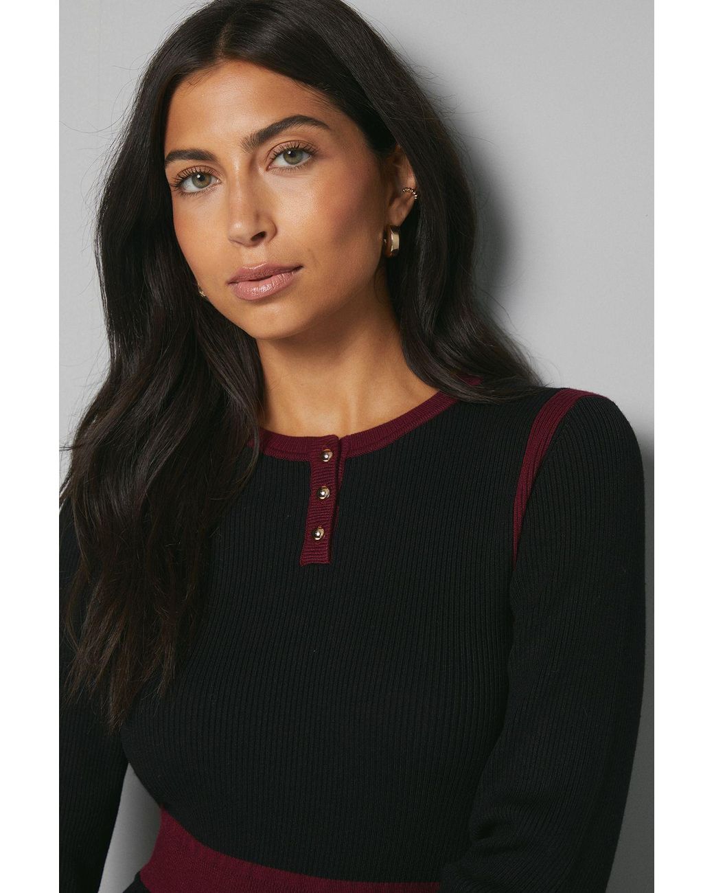 Wallis Black Fit And Flare Button Neck Knitted Dress