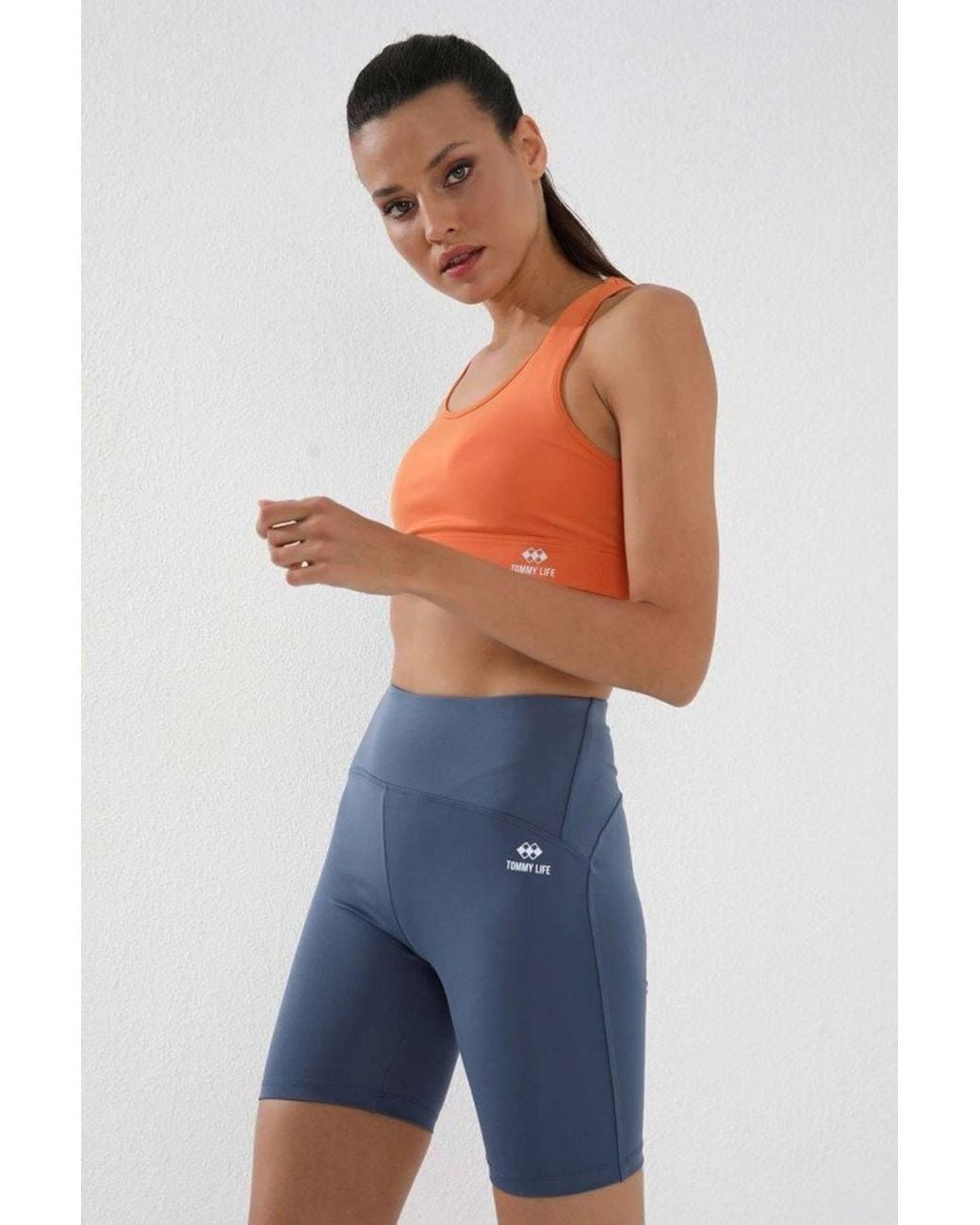 TOMMY LIFE Blue Short High-Waist Slim-Fit Sports Leggings