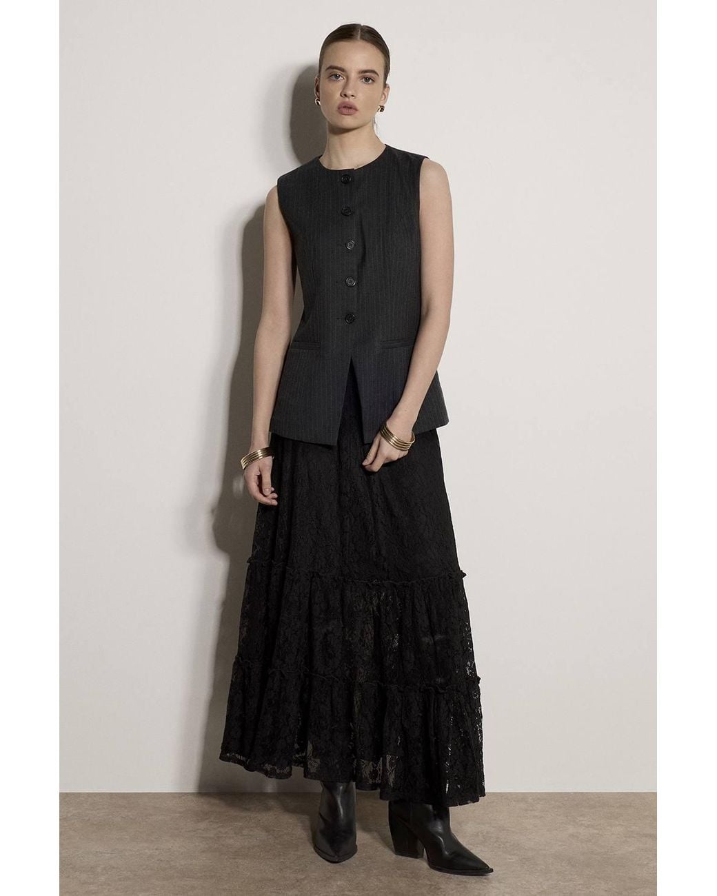 Apricot Black Floral Lace Tiered Midi Skirt