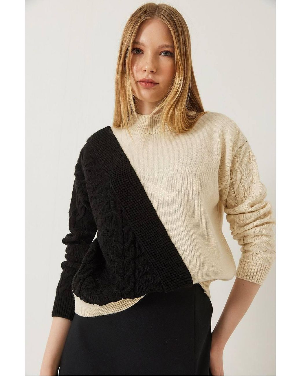 Bianco Lucci Blue Patterned Half Turtleneck Ribbed Sweater
