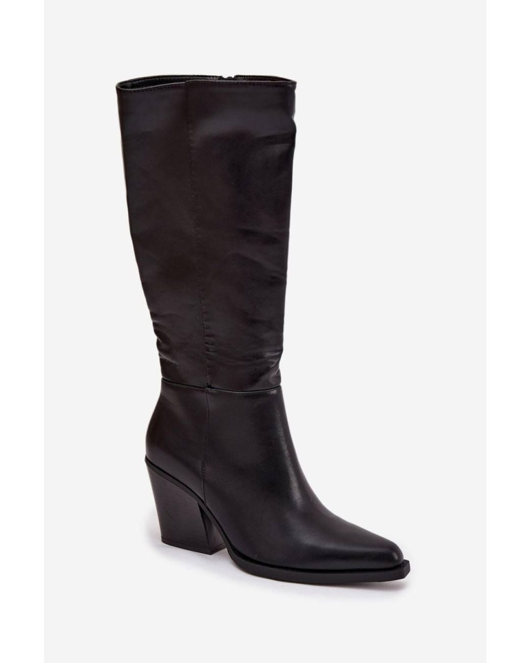 KDMD Black Classic Insulated Heel Boots With Side Zipper Pointed Toe