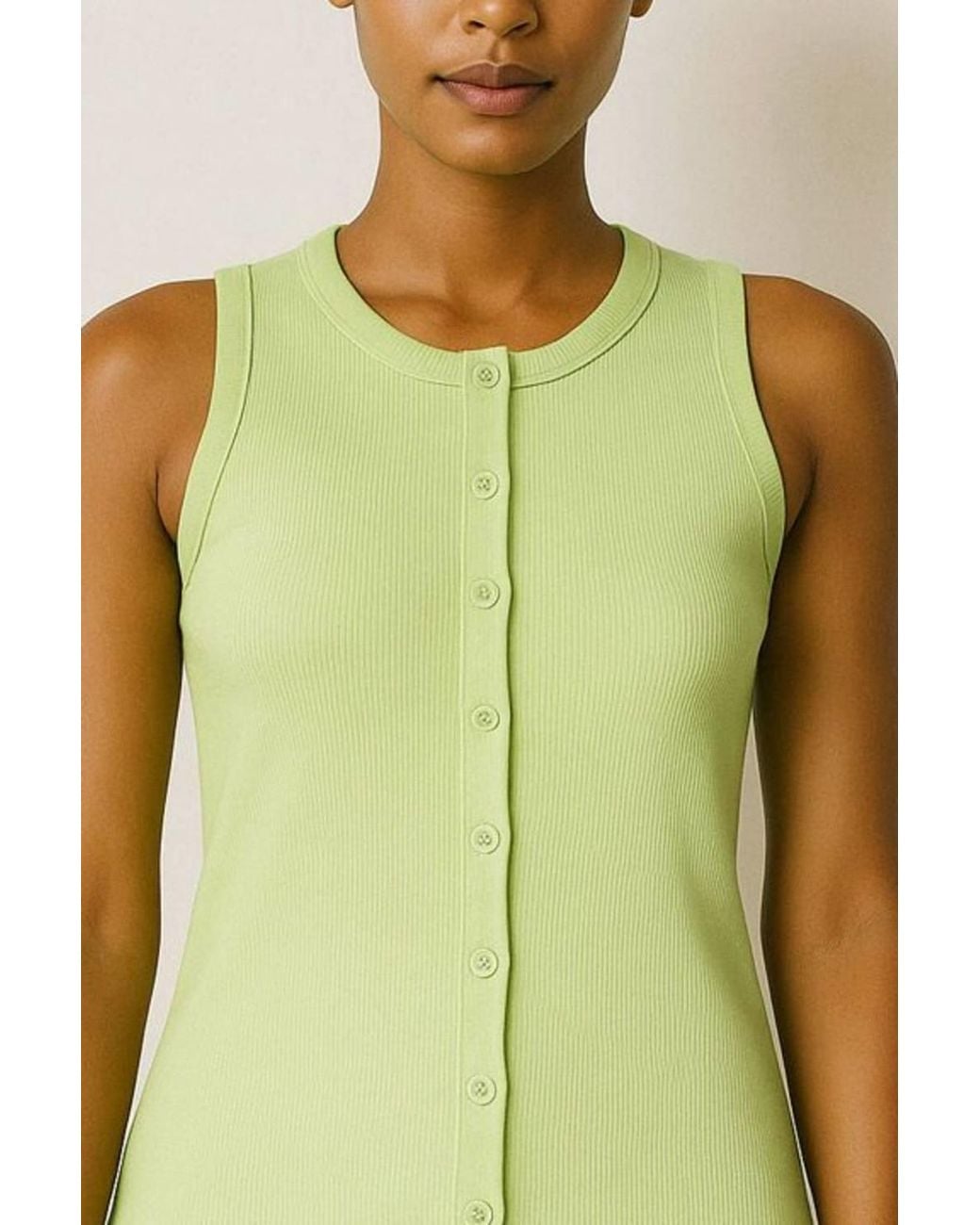 Stylewise Green Ribbed Button-Through Sleeveless Vest Top