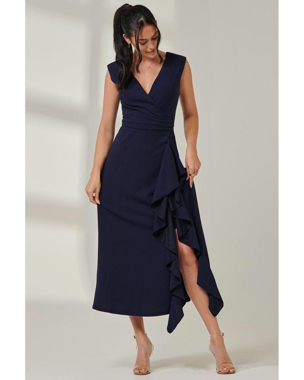 Jolie Moi Blue Wrap Front Frill Detail Maxi Dress