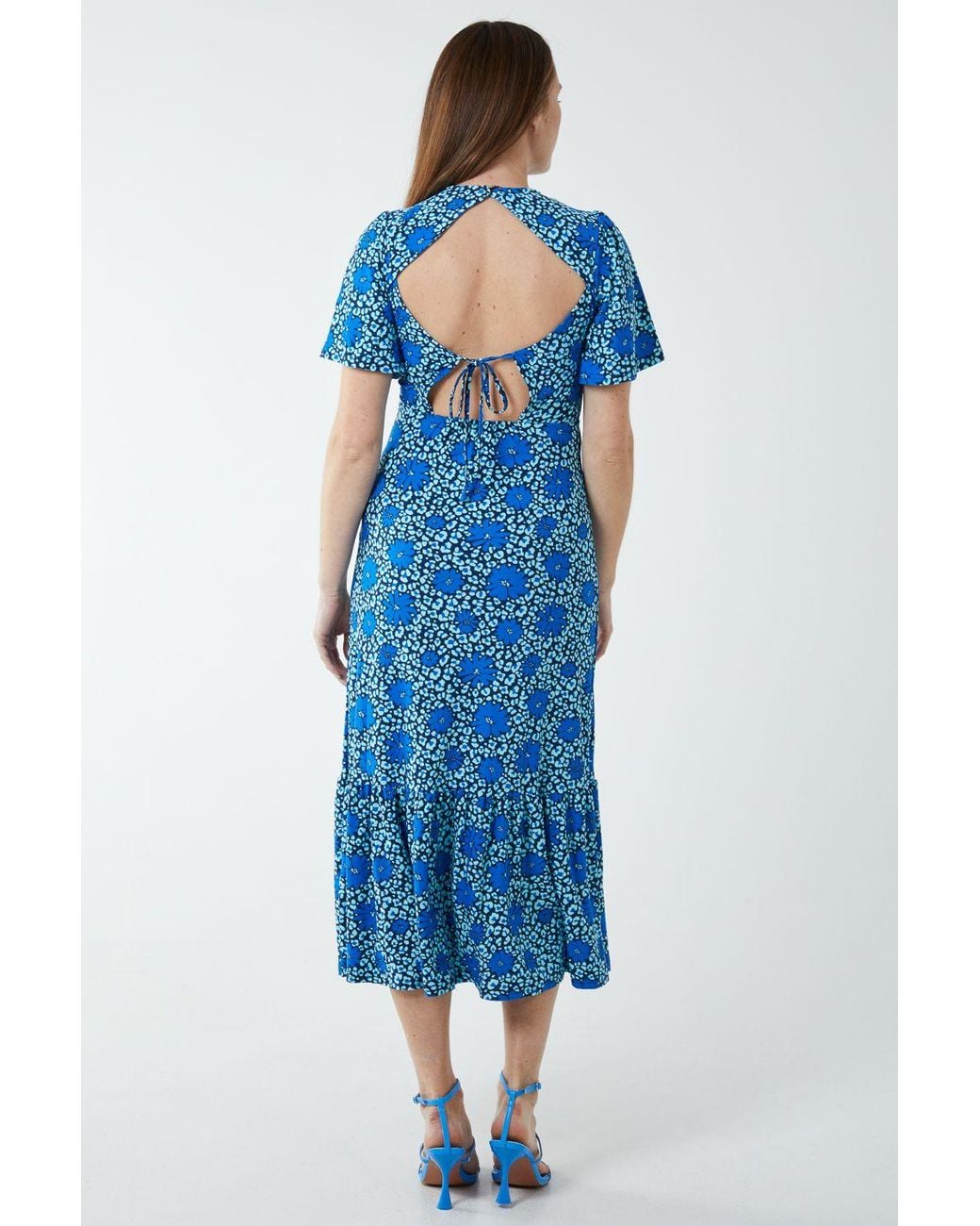 Blue Vanilla Blue Crew Neck Midi Angel Sleeve Tie Back Dress