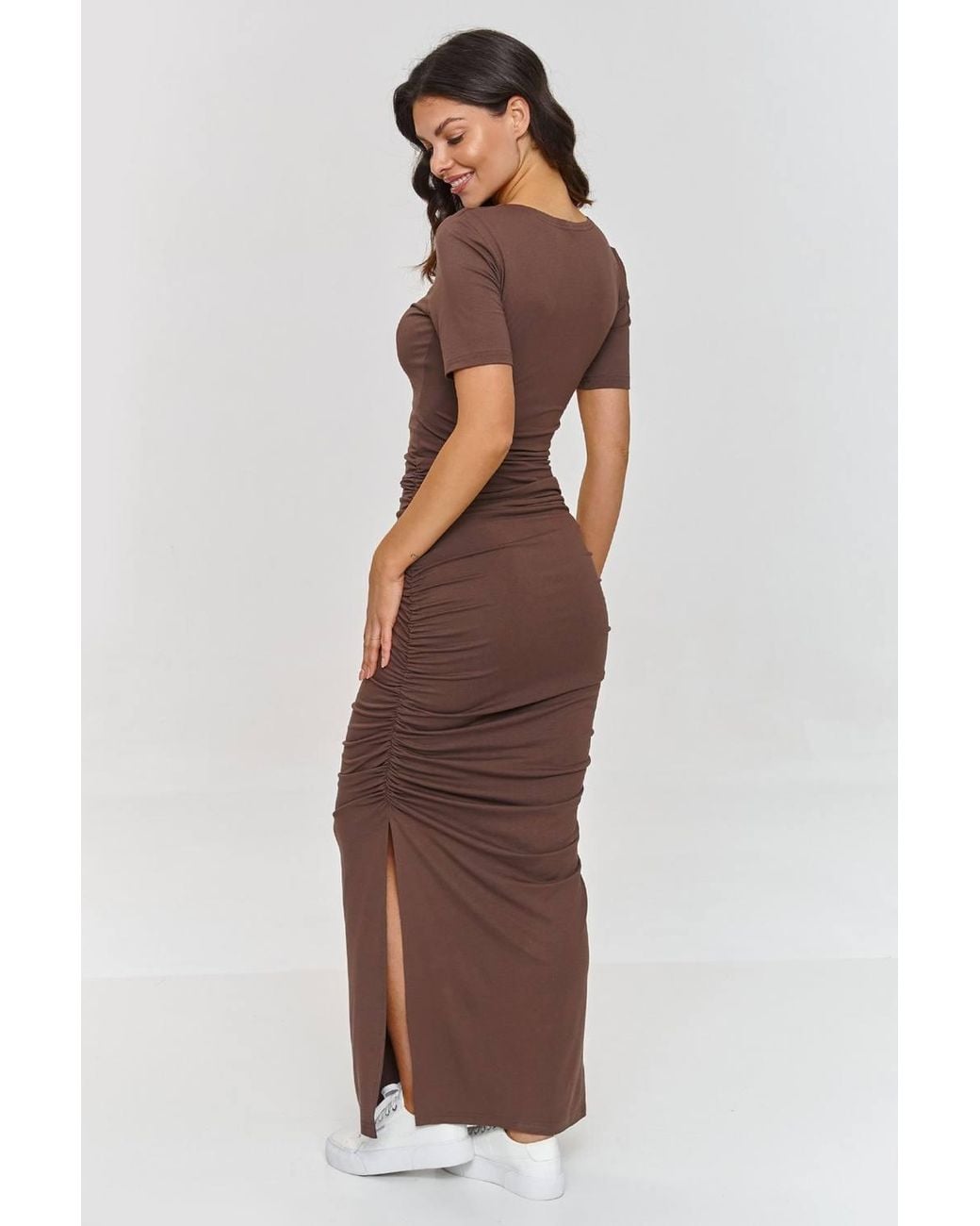 KDMD Brown Maxi Ruched Side Slit V Neck Elastic Dress
