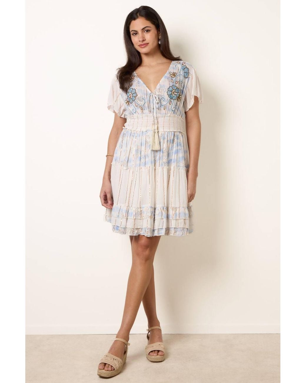 Blue Vanilla Natural Shirred Waist Short Sleeve V-Neck Mini Dress