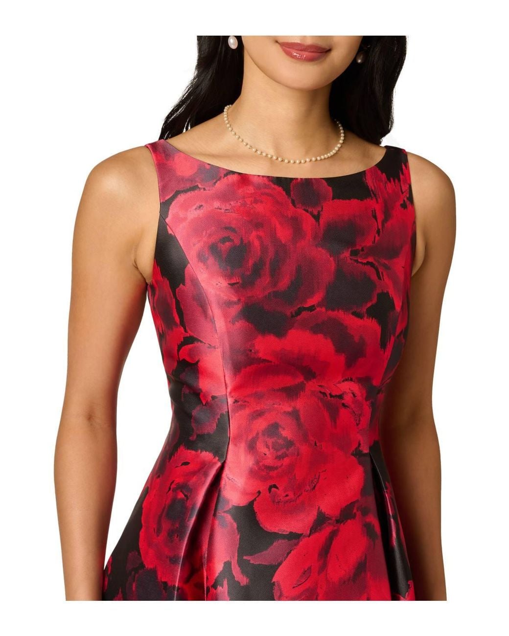 Adrianna Papell Red Boat Neck Printed Tea Dress