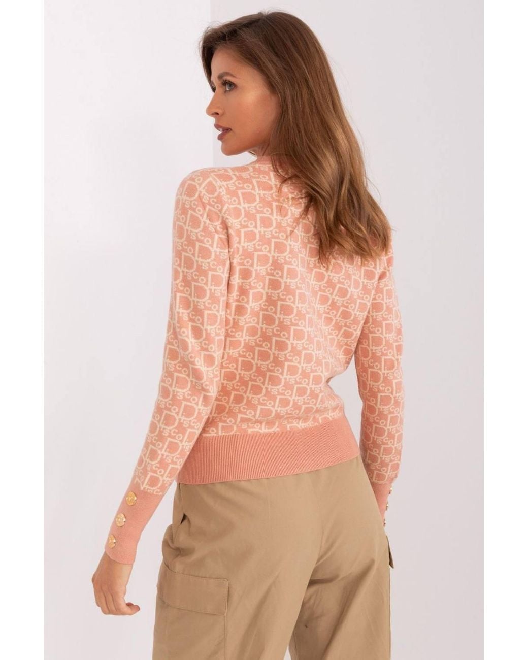 Love Lace Pink Round Neck Printed Sweater With Button Cuffs