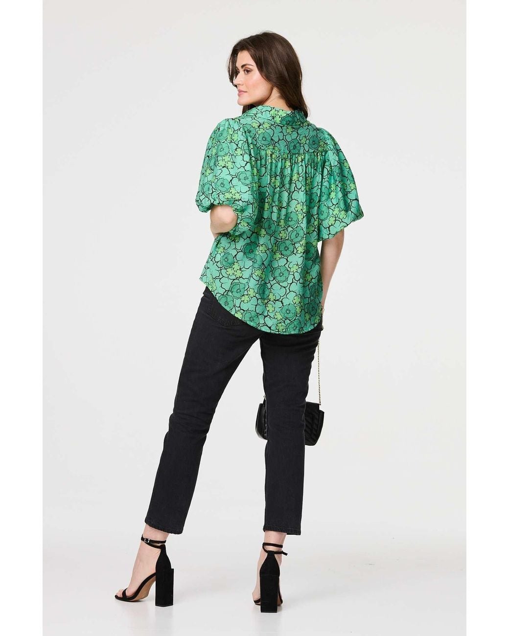 Izabel London Green Leaf Print 1/2 Puff Sleeve Blouse
