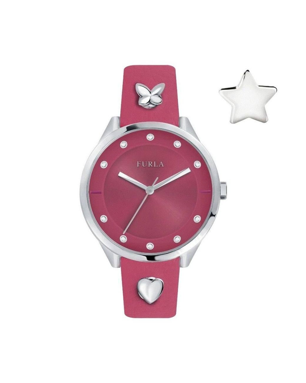 Furla Pink Shiny Dial Fuschia Leather Pin Watch