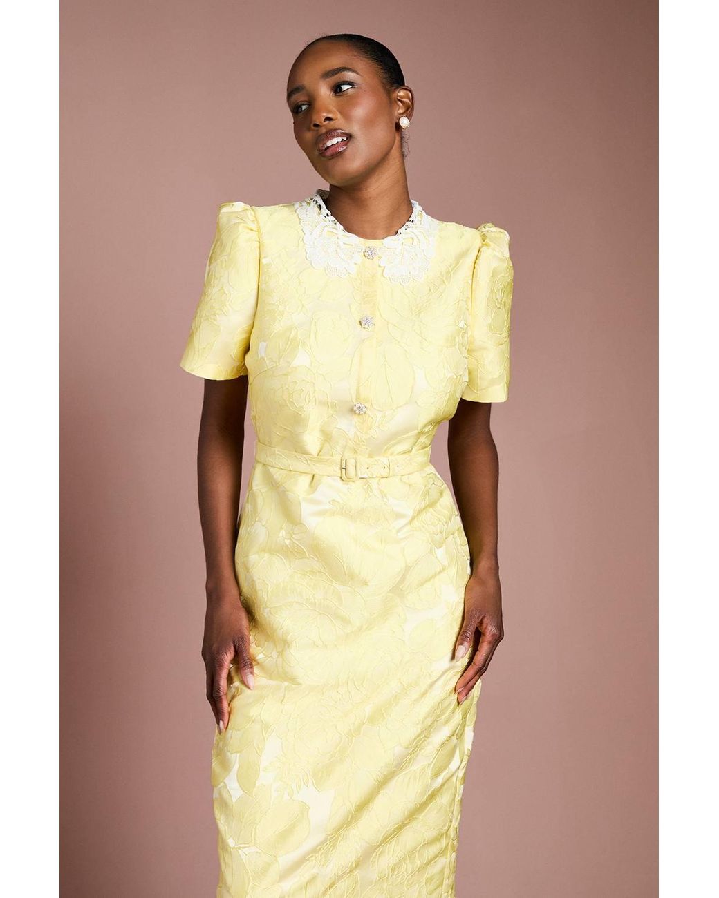 Coast Yellow Puff Sleeve Collared Jacquard Midi Dress